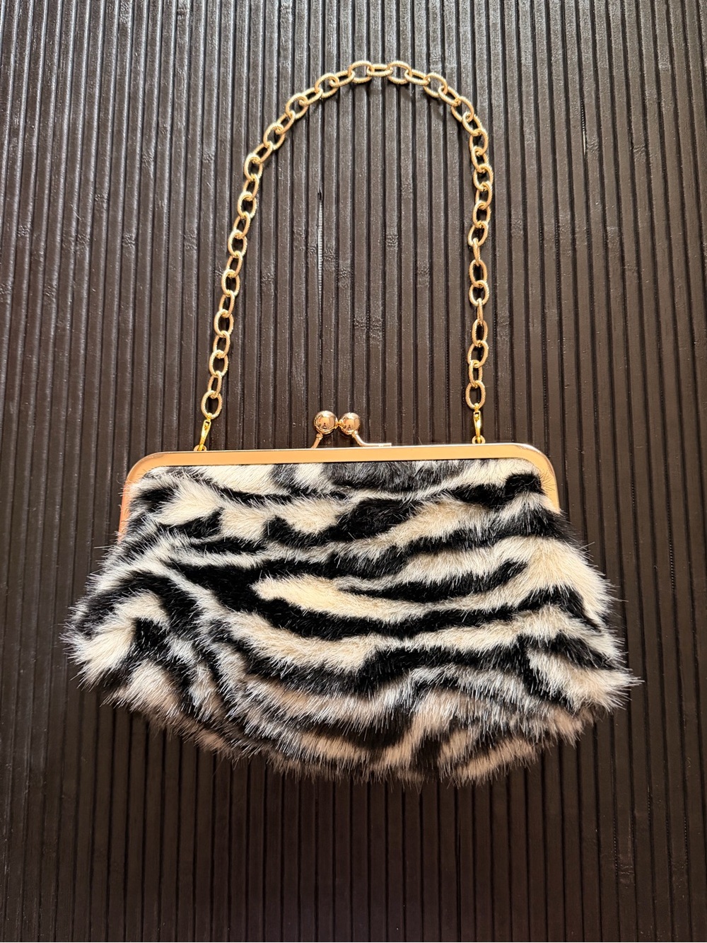 Anthropologie Zebra-Print Faux Fur Clutch with Gold Chain - Black & White